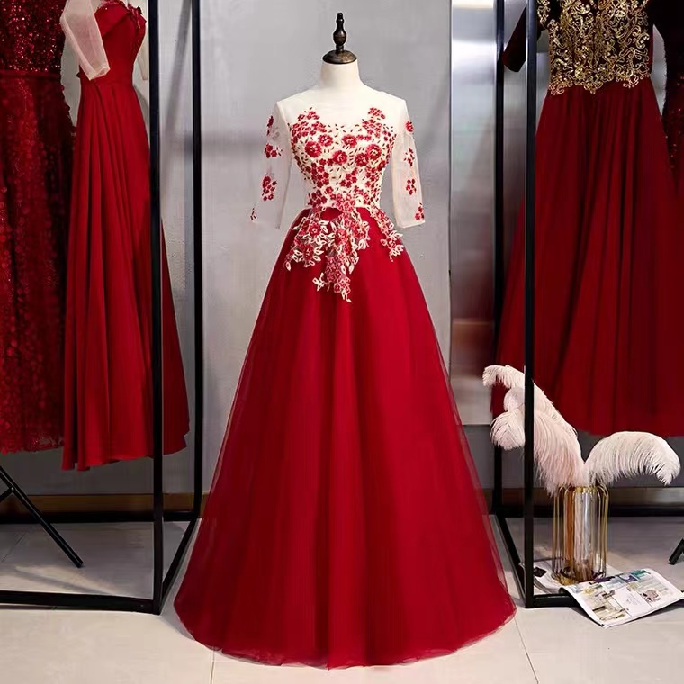 Red Dress,mid Sleeve Formal Dress ,chic Prom Dress With Applique,custom Made