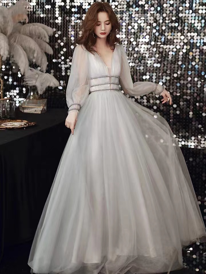 V-neck Evening Dress, Long Sleeve Prom Dress, Gray Fairy Party Dress,custom Made