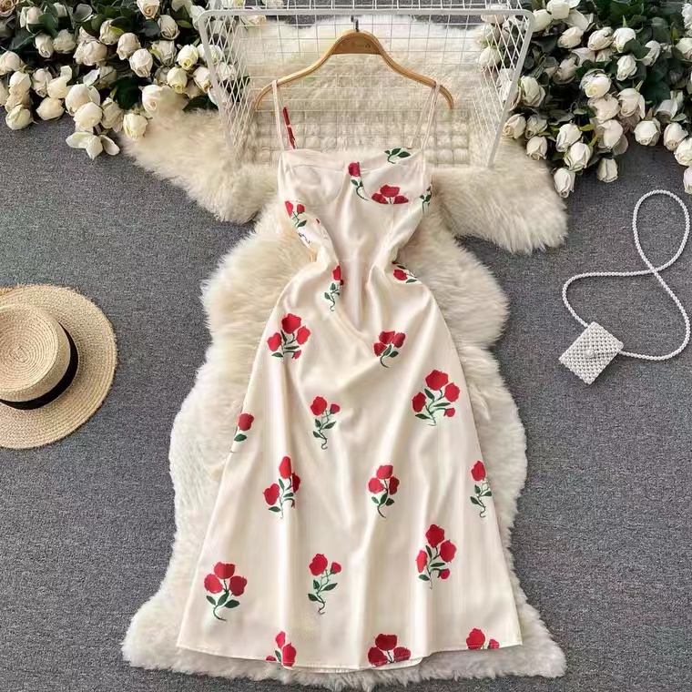 Vintage, rose print, halter dress, summer, slim, elegant dress
