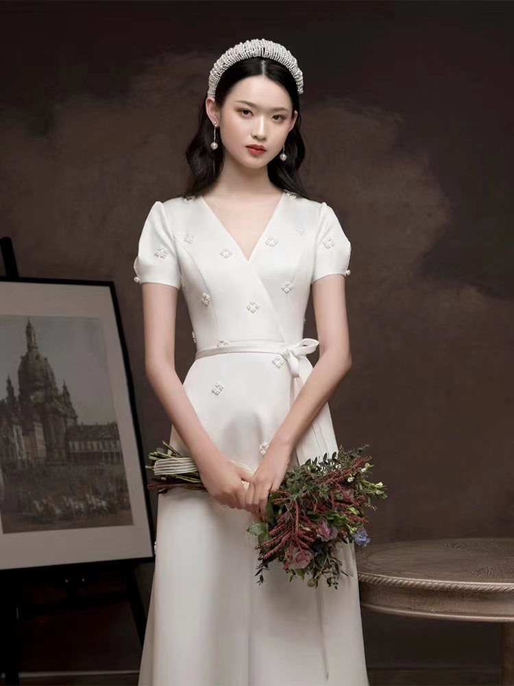 Summer, Elegant, Vintage Satin Light Wedding Dress, V Neck White Dress,custom Made