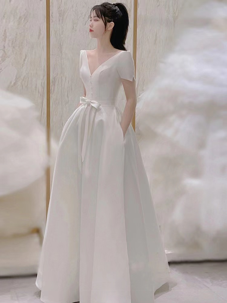 French Light Wedding Dress White Satin Evening Dress, V-neck Wedding Dress,custom Made