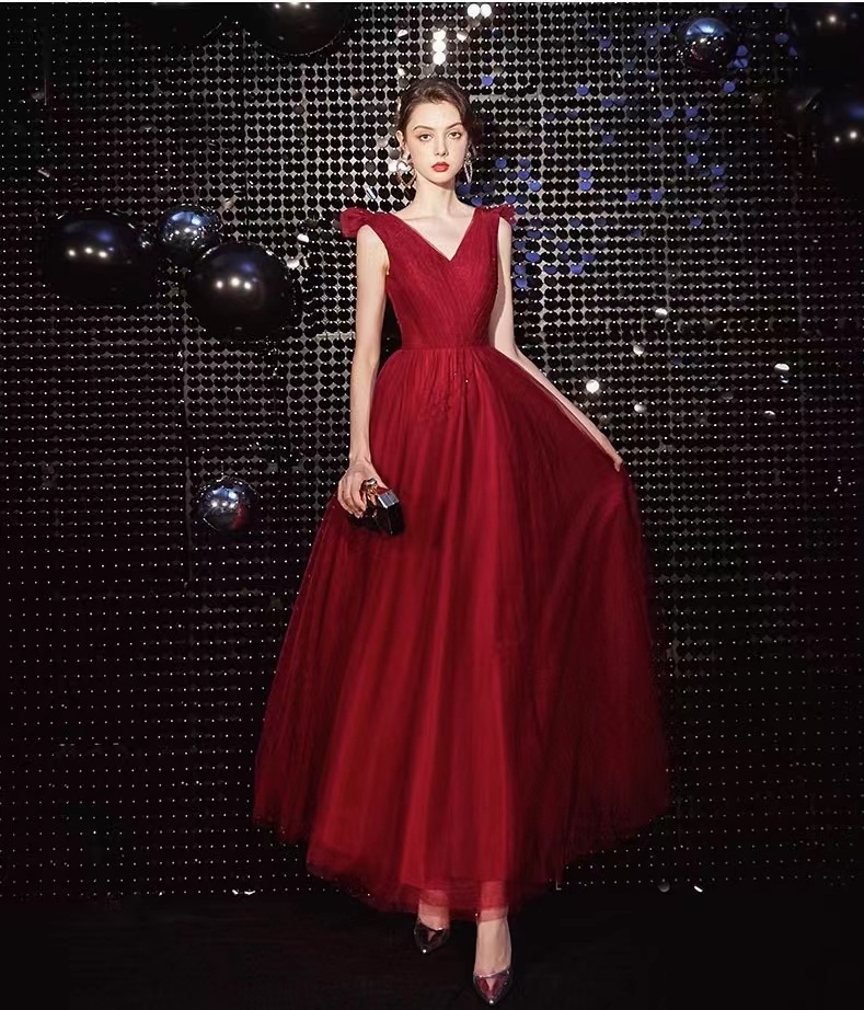 Long Red Evening Dress, Sexy V-neck Simple Dress ,custom Made