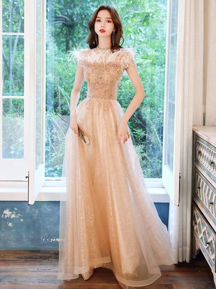 Elegant Prom Dress, Champagne Fairy Dress, Off-shoulder Feather Dress ,custom Made