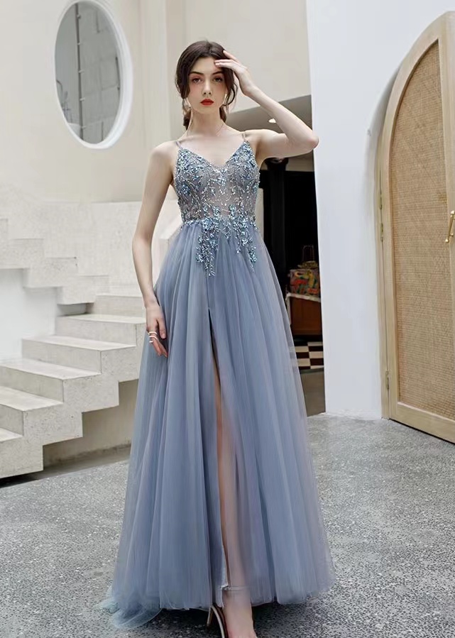 Blue Prom Dress,spaghetti Stap Party Dress,sexy Beaded Dress ,custom Made