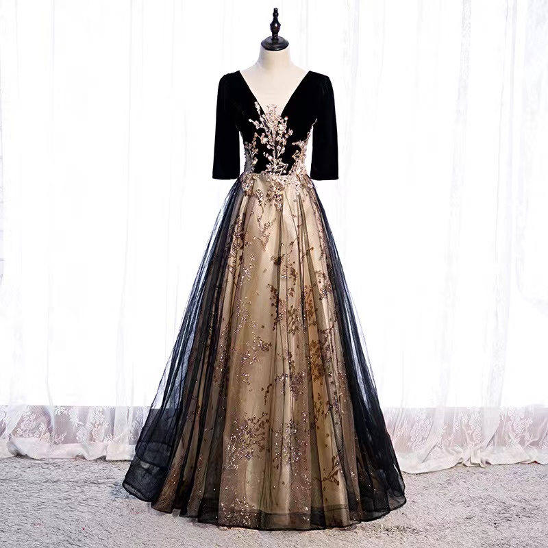 V-neck Prom Dress,black Party Dress, Shiny Evening Dress ,custom Made