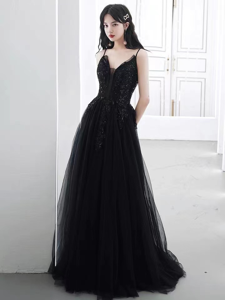 Spaghetti Strap Party Dress, Black Prom Dress ,custom Made