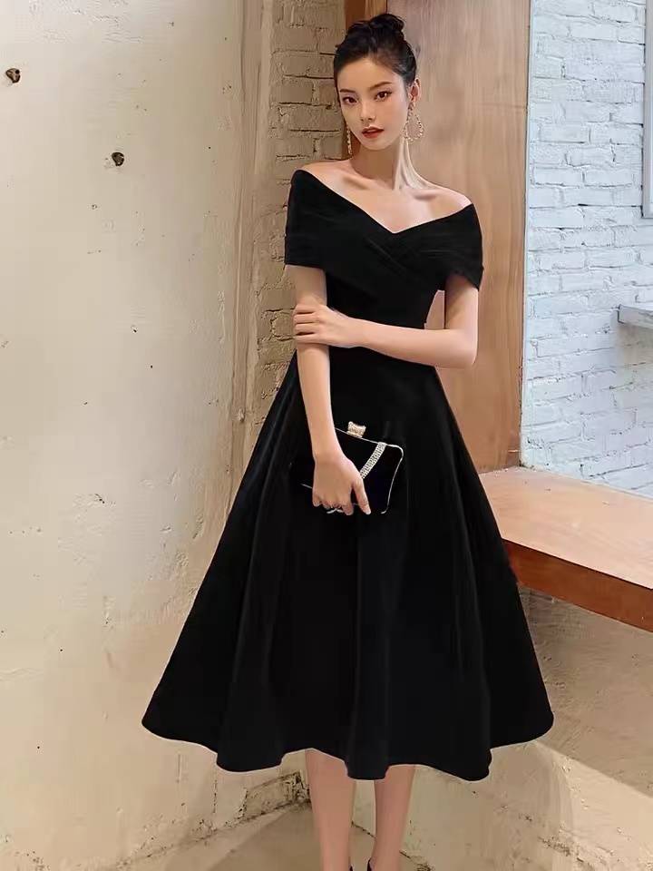 Off Shoulder Party Dress,black Evening Dress,noble Midi Dress,homecoming Dress,custom Made