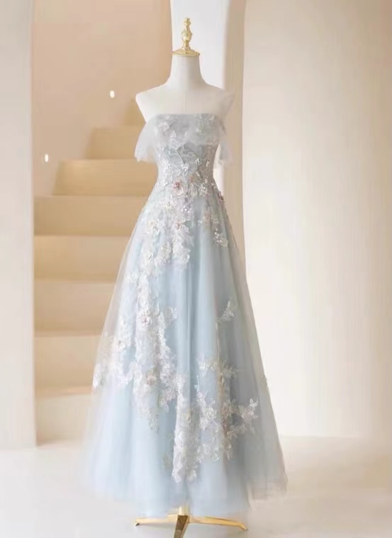 Strapless Party Dress,blue Birthday Dress,fairy Midi Dress With Applique,custom Made
