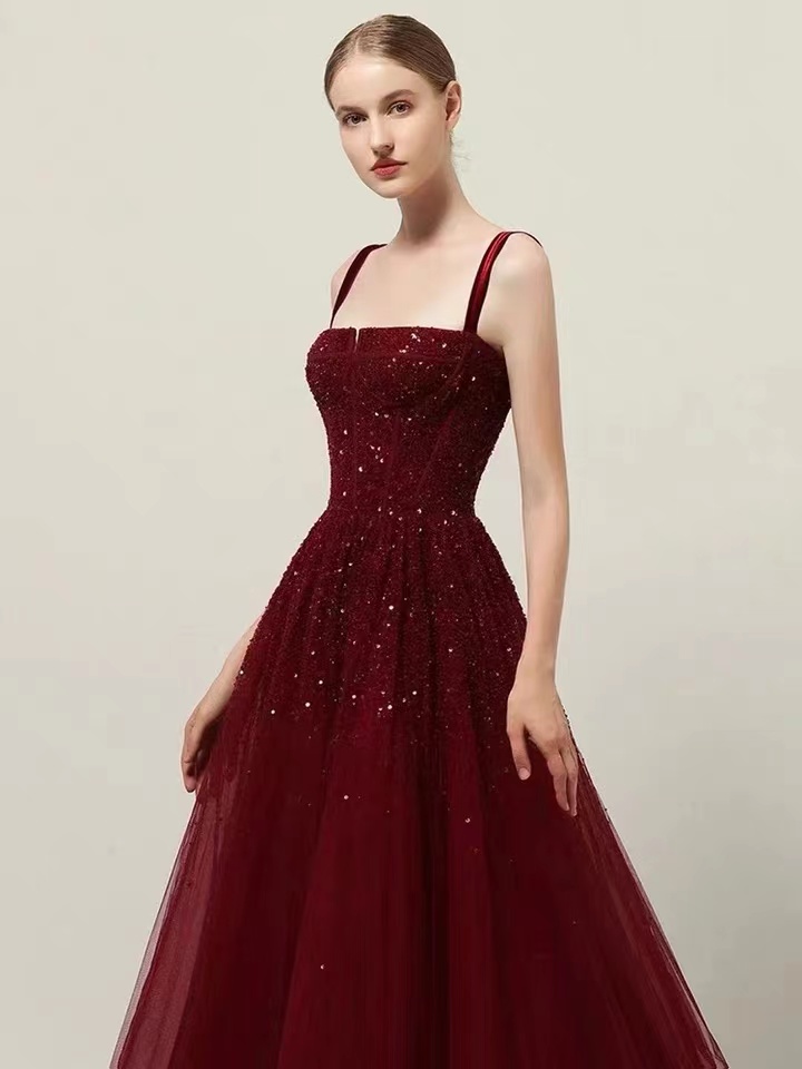 Spatghetti Strap Party Dress,burgundy Prom Dress,shiny Evening Dress,custom Made