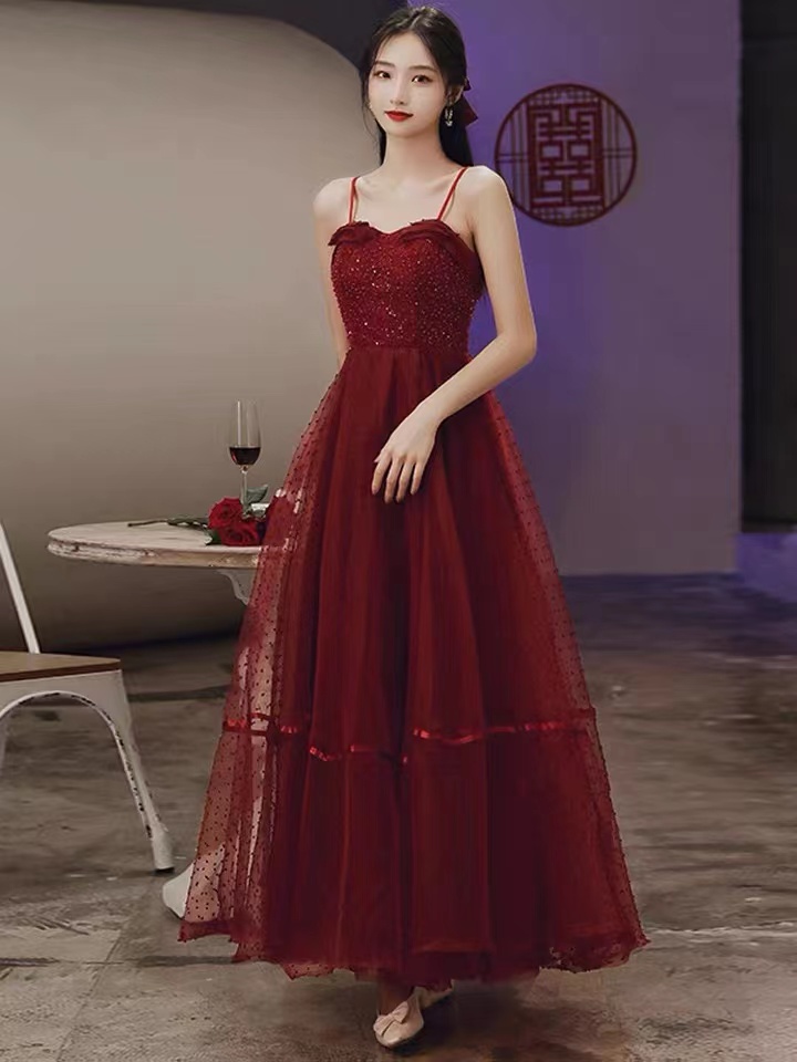 Spatghetti strap party dress,burgundy prom dress,custom made