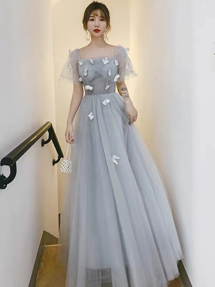 Princess party dress,gray prom dress,chic birthday dress with applique,custom made