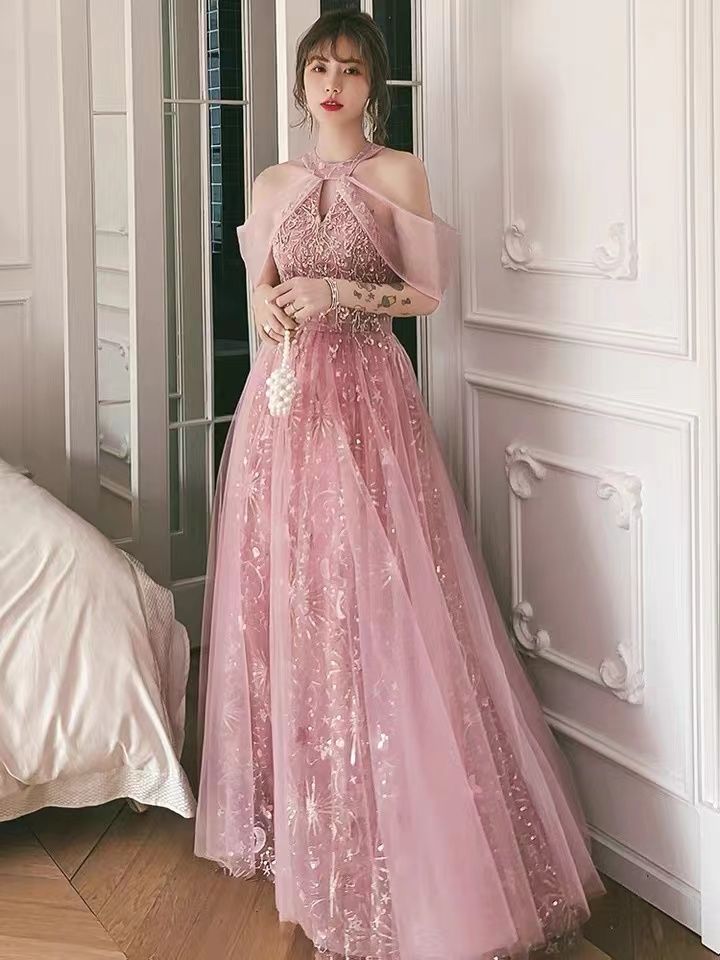 Pink Party Dress,halter Neck Prom Dress,sweet Birthday Dress,custom Made