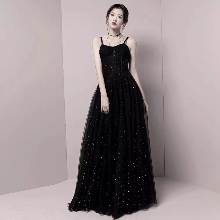 Black Shiny Birthday Dress ,spaghetti Strap Party Dress,,custom Made