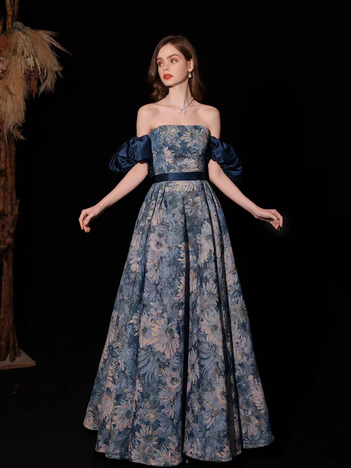 Texture Princess Court Dress, Oil Painting Style Blue Evening Dress,custom Made