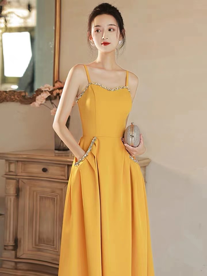 Yellow Party Dress,spaghetti Strap Homecoming Dress,bright Midi Dress,custom Made