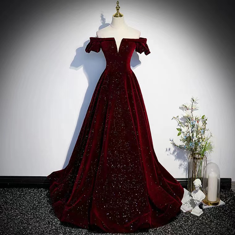 Off Shoulder Evening Dress,burgundy Party Dress,glitter Shiny Prom Dress,custom Made