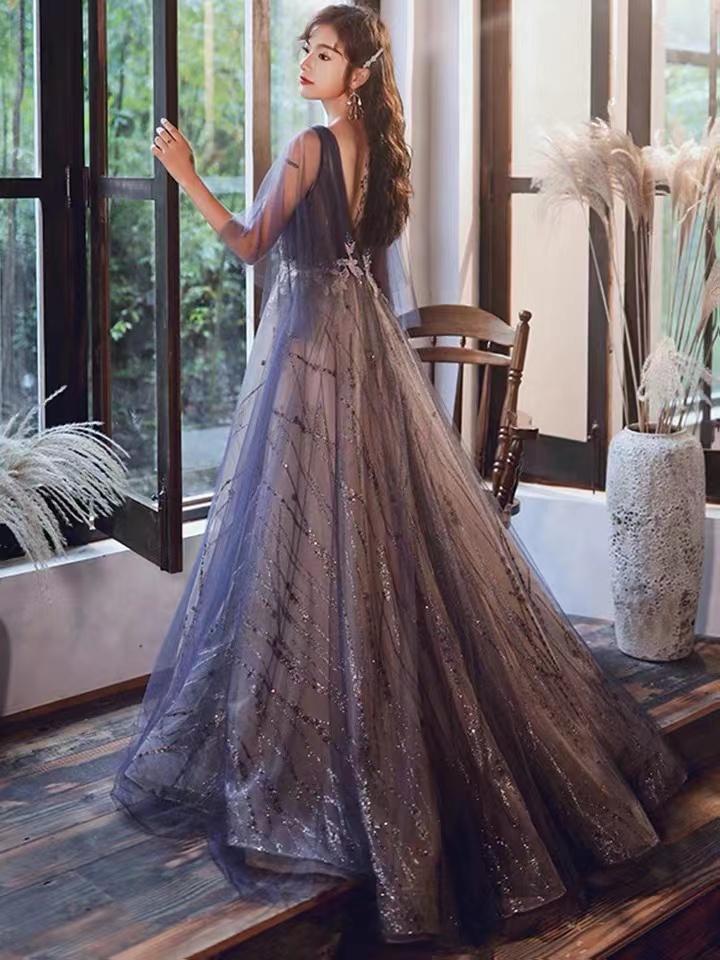 Dream Evening Dress Elegant Purple Tulle Evening Dresses V-Neck Long Sleeve Dresses Y5028 main image 1