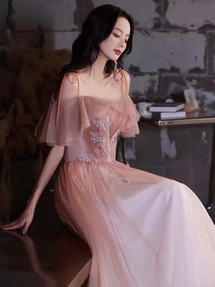 Pink Evening Dress, Spaghetti Strap Party Dress, Fantasy Prom Dress ,custom Made