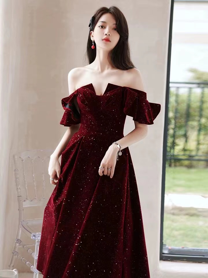 Off Shoulder Evening Dress, Velvet Homecoming Dress,burgundy Party Dress,glitter Midi Dress,custom Made