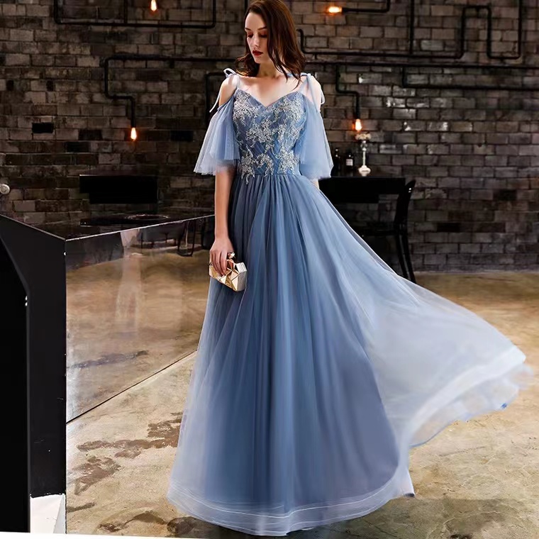 Noble Party Dress, Socialite Long Prom Dress, Blue Spaghetti Strap Bridesmaid Dress,custom Made