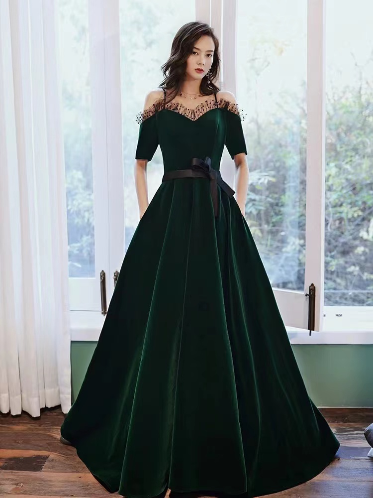 Velvet Prom Dress,dark Green Evening Dress, Off Shoulder Temperament Party Dress,custom Made