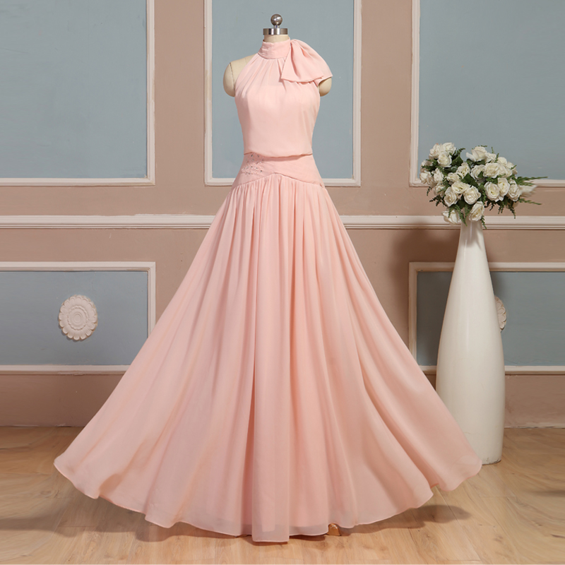 Light Pink Halter Long Formal Dresses, Pink Bridesmaid Dresses, Elegant Evening Dresses,,custom Made