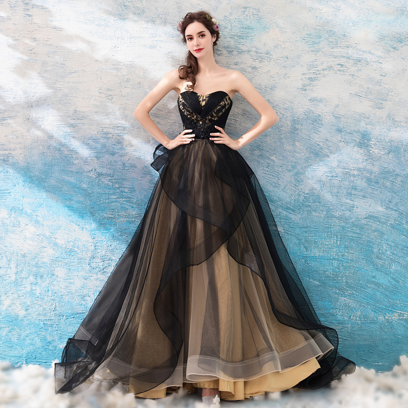Black And Champagne Princess Ball Gown ,sweetheart Long Formal Dress, Strapless Black Prom Dresses,custom Made