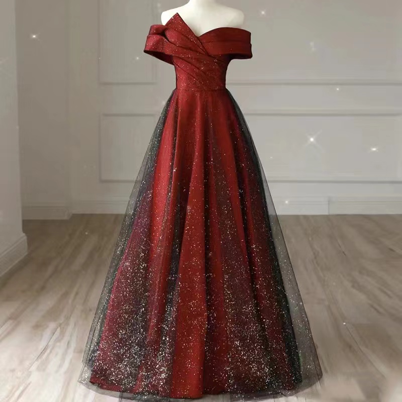 Off Shoulder Burgundy Gown, High-class Evening Dress, Glitter Sparkly Prom Gown,custom Made