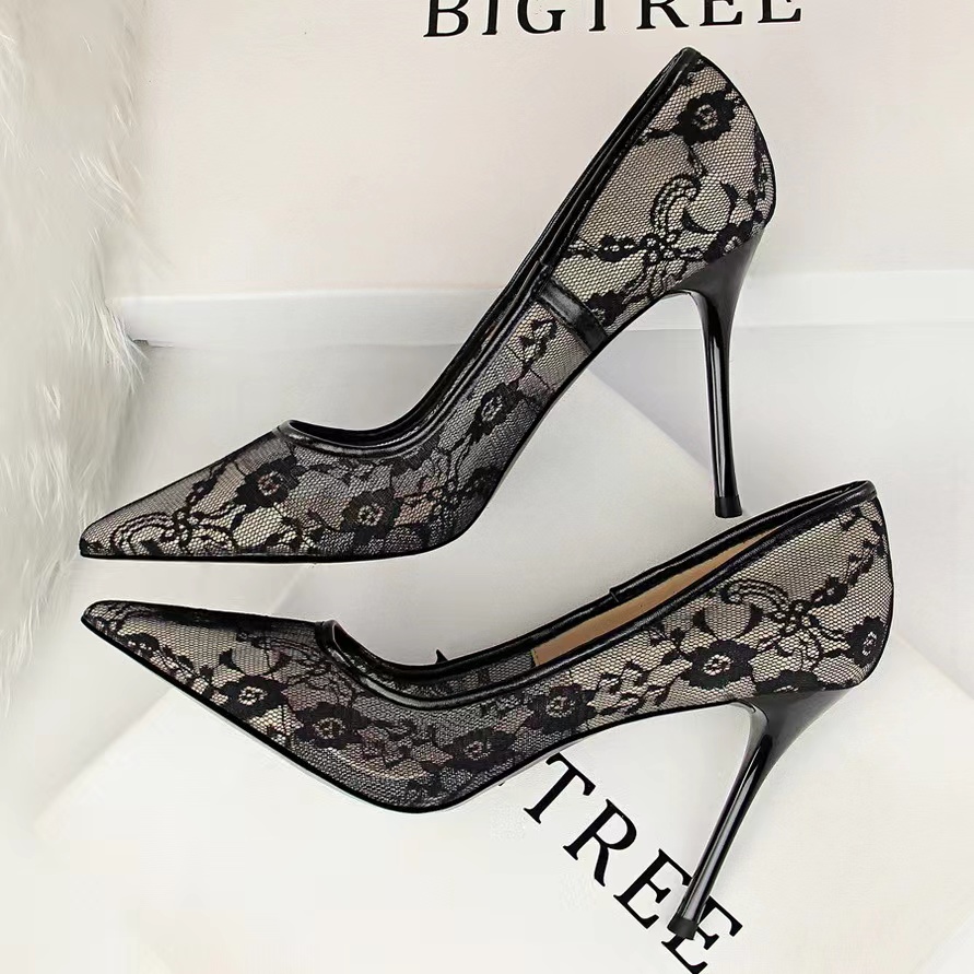 Sexy High Heels, Women's Shoes, Thin Heels, High Heels, Shallow Mouth, Pointed Toe Mesh Hollow Lace Shoes