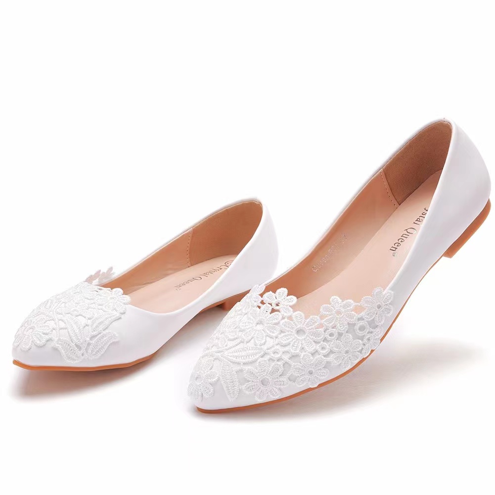 Flat Lace Wedding Shoes, White Pointed Casual Flat Shoes, White Lace Casual Women's Shoes, Girls Prom Shoes