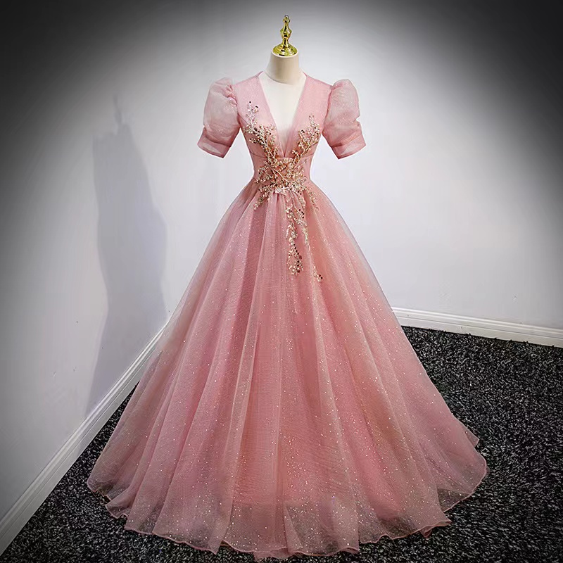 V-neck Evening Dress,pink Prom Dress,princess Ball Gown Dress,custom Made