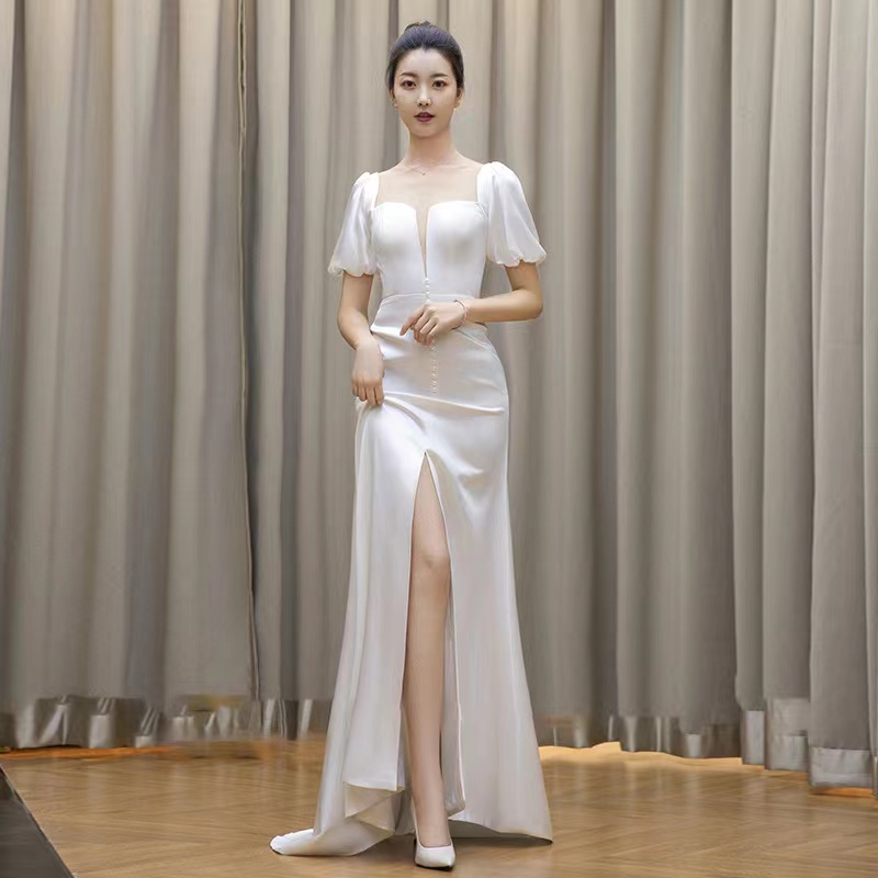 Satin Light Wedding Dress With Tail, Simple Dream Memaid Evening Dress,white Prom Dress,custom Made