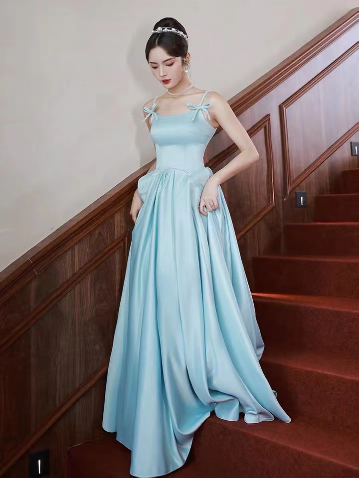 Cute Evening Dress, Spaghetti Strap Party Dress,satin Blue Prom Dress,custom Made