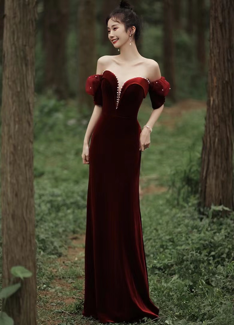 Velvet Slimming Red Evening Dress, Off Shoulder Prom Dress ,mermaid Party Dress,custom Made