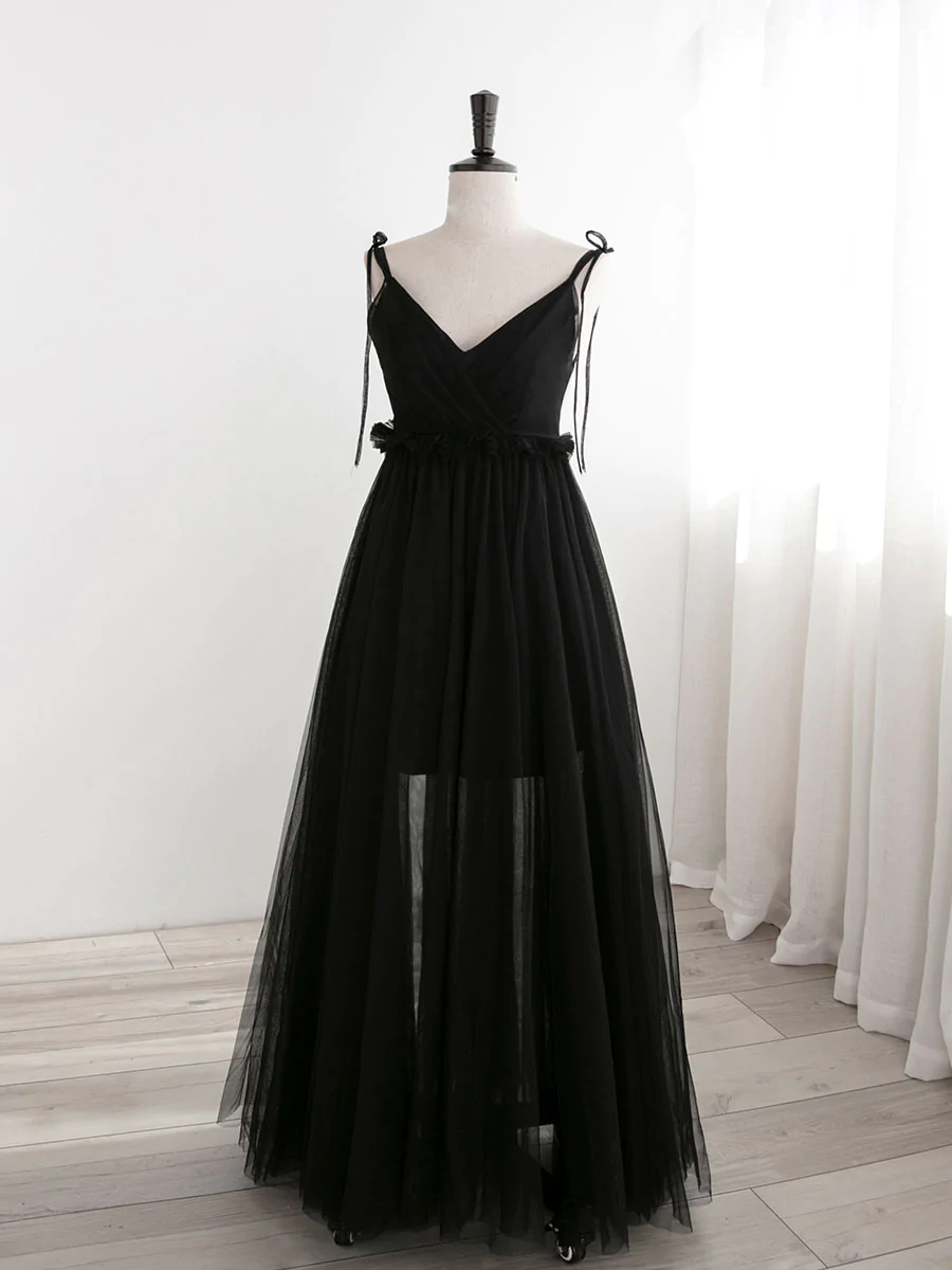 Spaghetti Strap A-line Prom Dresses,black Tulle Long Prom Dresses, Black Sexy Evening Dresses,custom Made