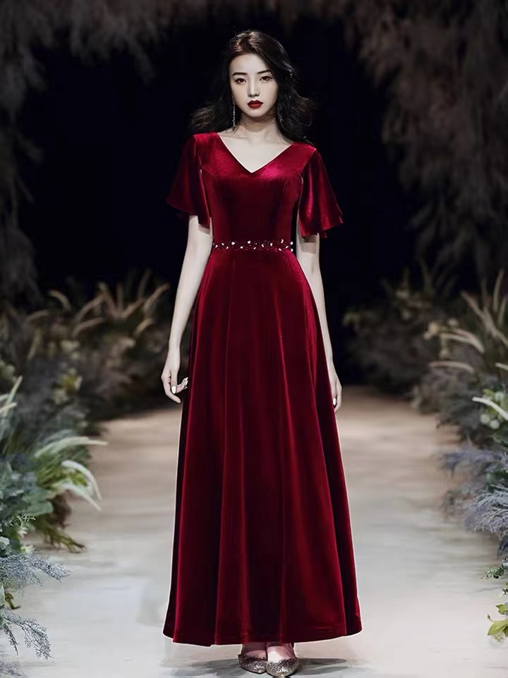 V-neck Prom Dress,red Party Dress,elegant Evening Dress, Velvet Formal Dress,custom Made