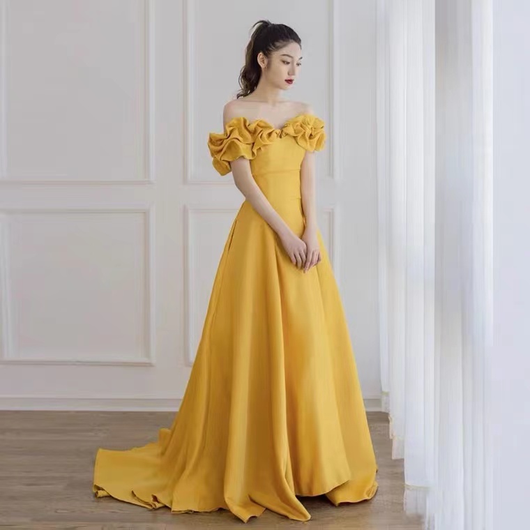 Off Shoulder Prom Dress,yellow Party Dress,satin Evening Dress,custom Made