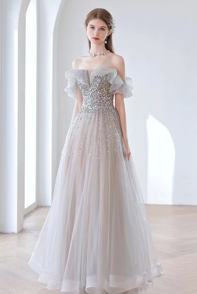 Temperament Evening Dress, Off Shoulder Elegant Grey Prom ,fairy Party Dress,custom Made