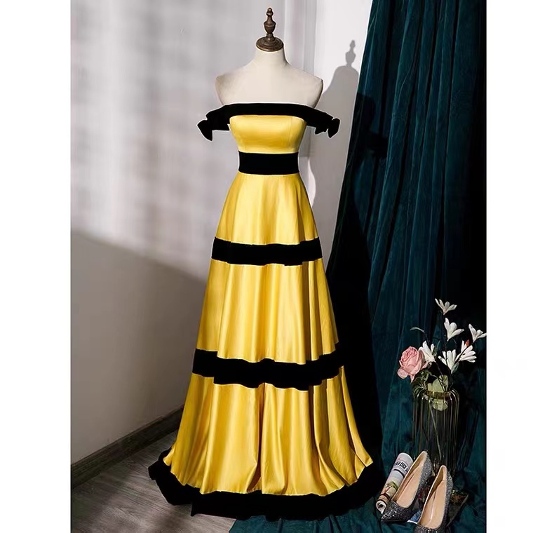 Yellow Prom Dress,off Shoulder Party Dress,bright Cute Evening Dress,satin Dresscustom Made