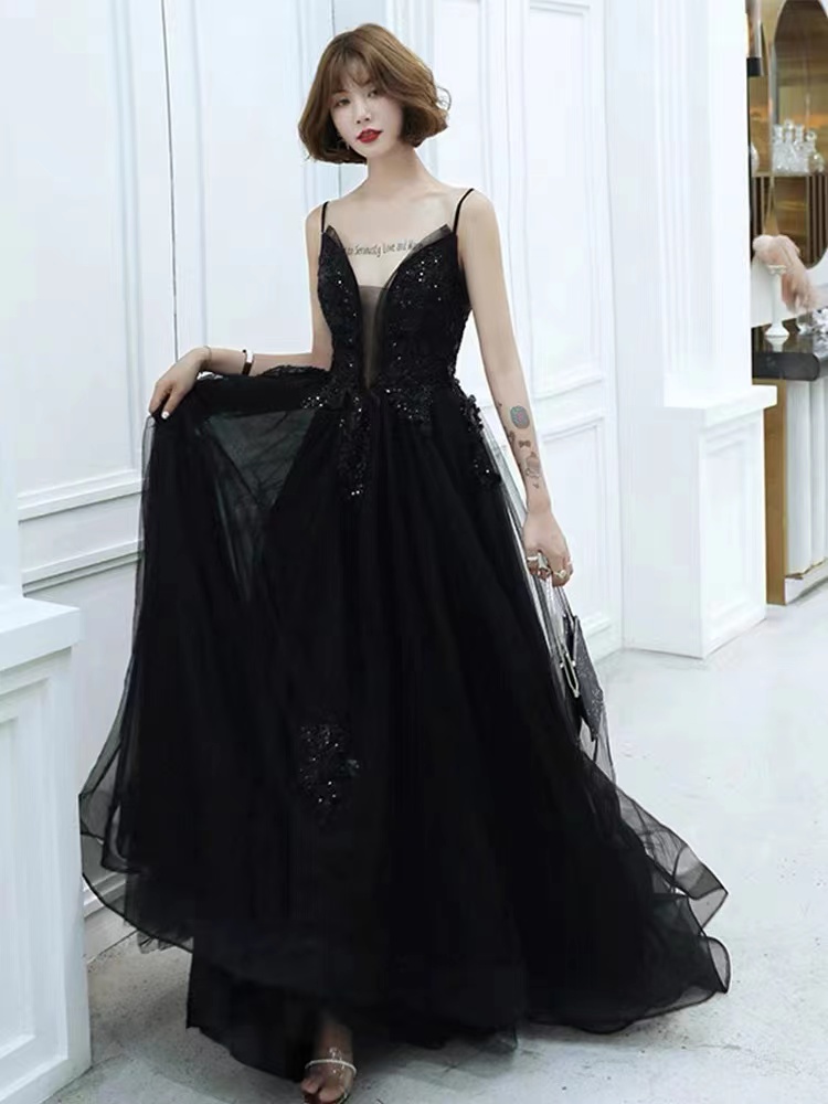 Spaghetti Strap Evening Dress, Sexy Party Dress, Black Prom Dress,custom Made