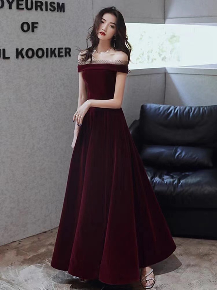 Red prom dress,off shoulder party dress,sexy velvet evening dress,Custom made