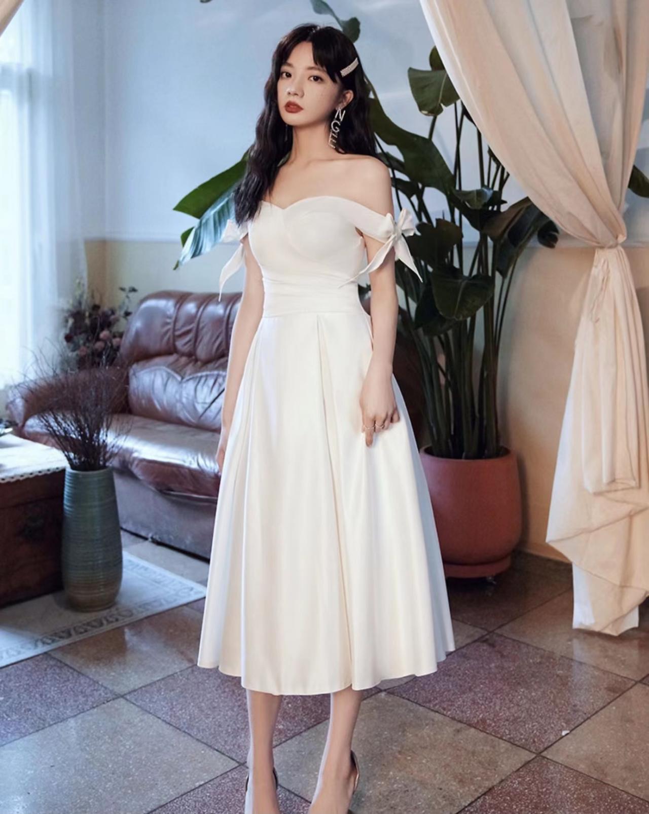 White Evening Dress,cute Party Dress,satin Homecoming Dress,simple Midi Dress,custom Made