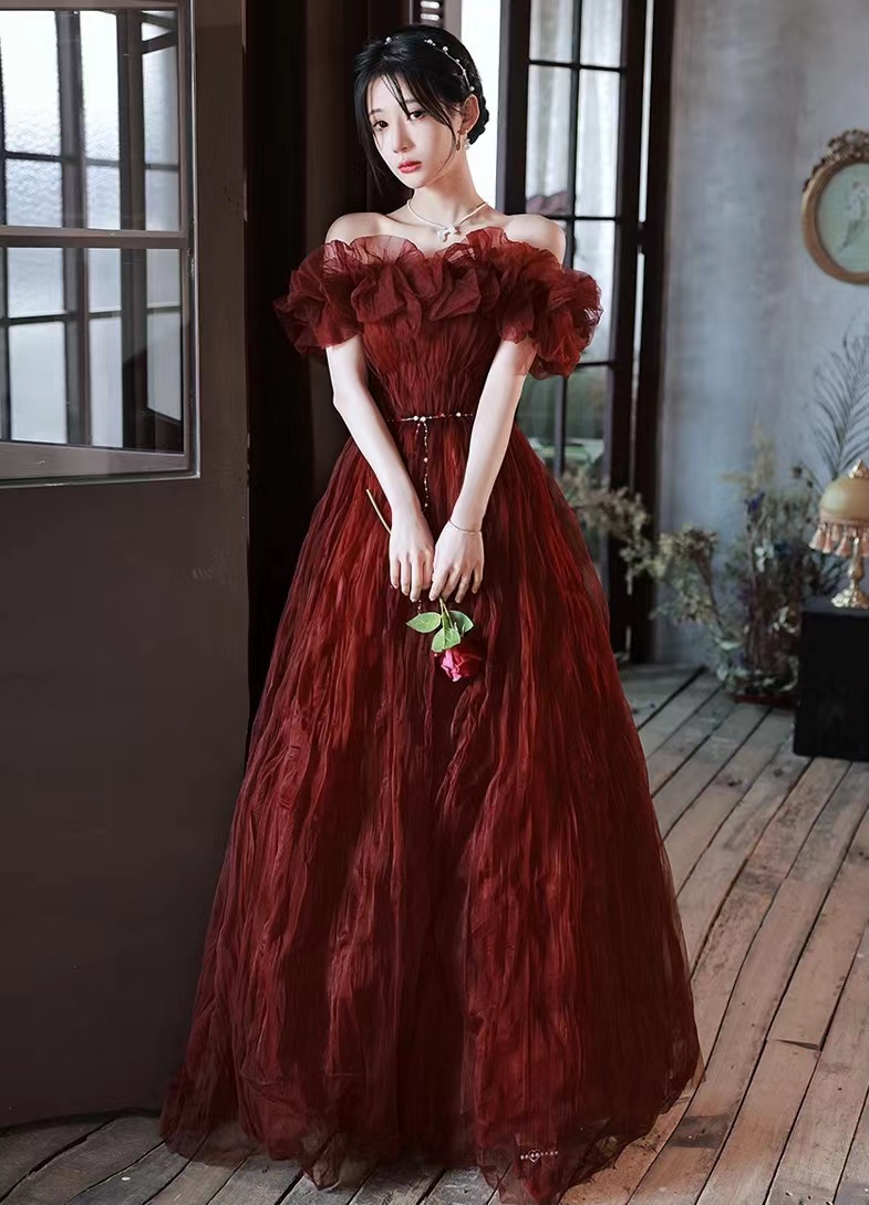 Burgundy Prom Dresses, Off Shoulder Party Dresses, Pleated Evening Dresses,custom Made