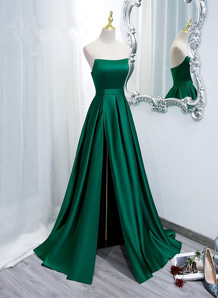 Green Evening Dress,satin Party Dress, Strapless Slit Prom Dress,custom Made