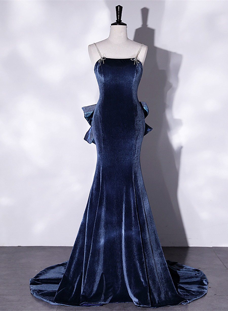 Spaghetti Strap Prom Dresses, Blue Evening Dresses, Velvet Party Dresses,custom Made