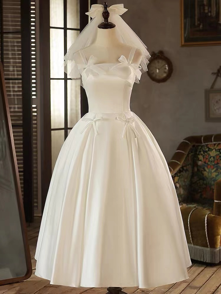 Light Wedding Bow Dress, Simple Satin Dress, Cute White Party Dress,custom Made