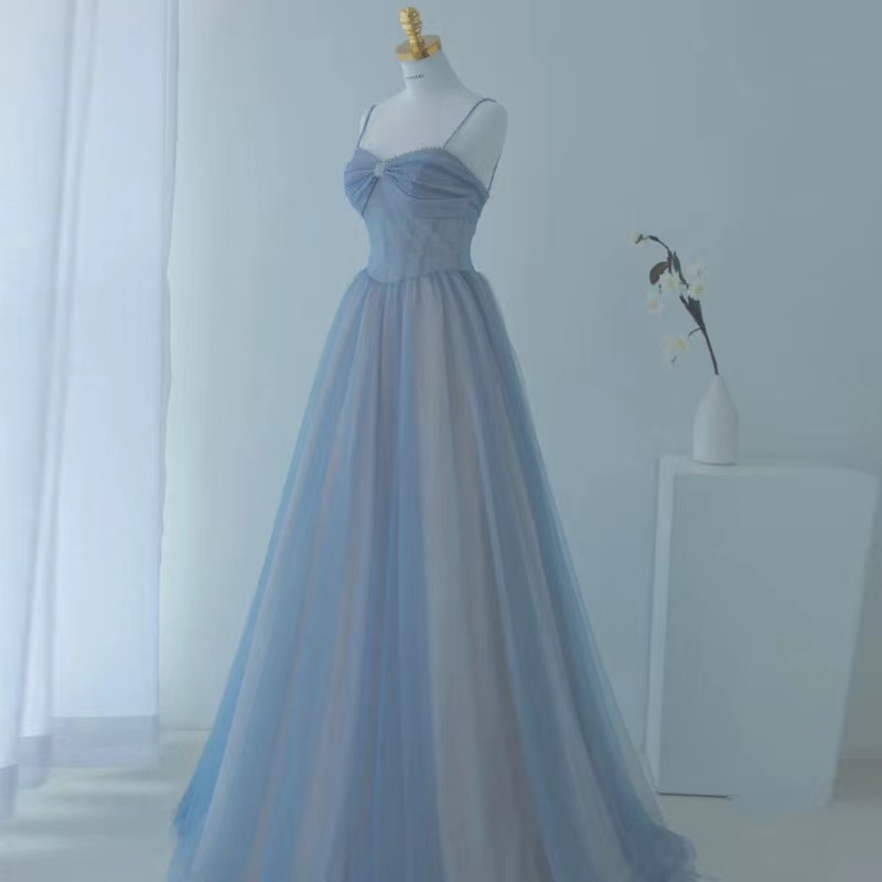 Spaghetti Strap Prom Dress,blue Party Dress,shiny Evening Dress,custom Made