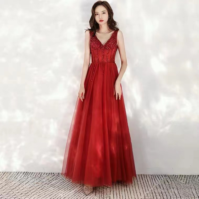 V-neck prom dress,red party dress,sexy evening dress with bead,Custom Made
