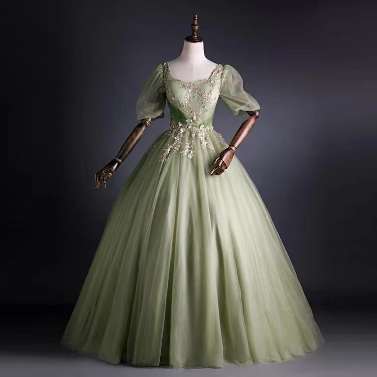 Green evening dress, off shoulder party dress,bubble sleeve ball gown dress,fresh quinceanera dress,Custom Made