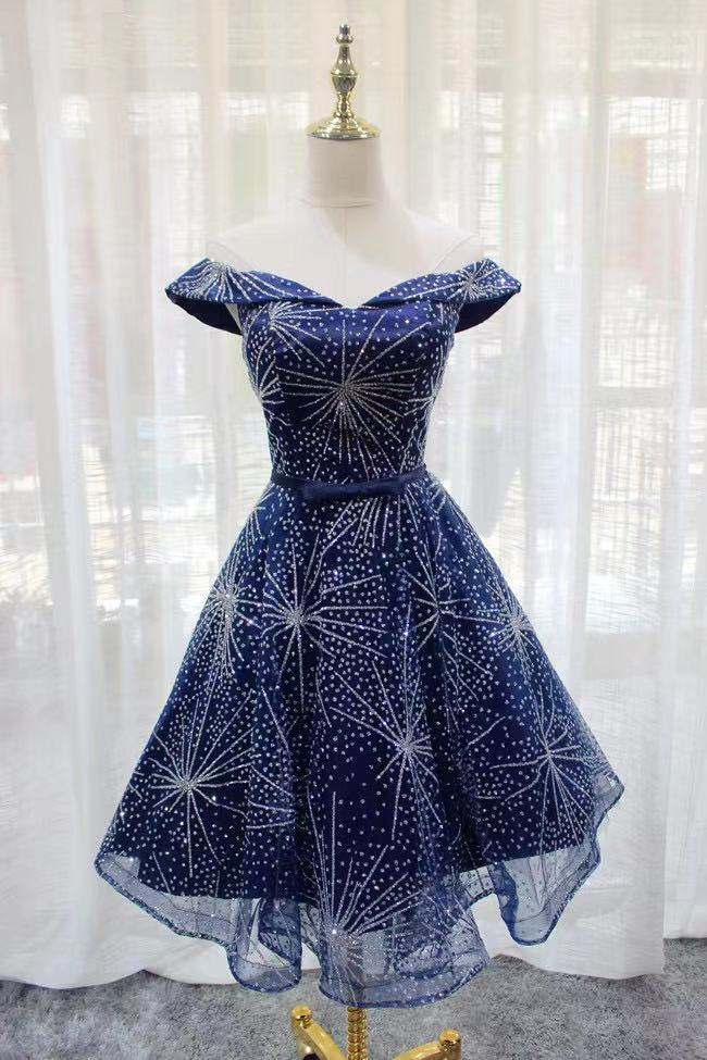 High quality,off shoulder evening dress,navy blue party dress,glitter homecoming dress,Custom Made